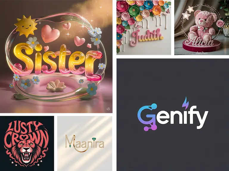 A collage of AI-generated name art, logos, and wedding invitations