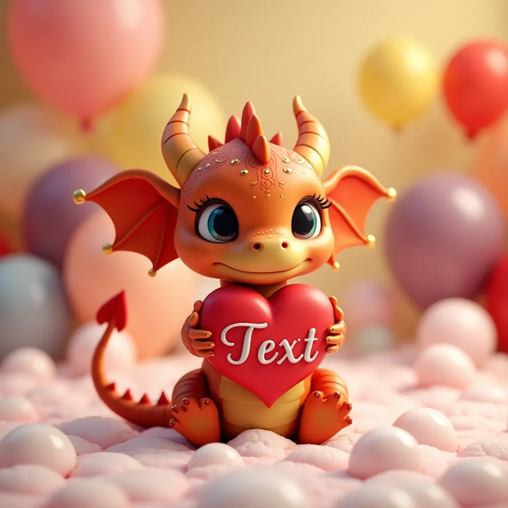 Birthday name art example: A charming baby dragon holding a heart with custom name, surrounded by festive balloons and red, yellow, violet, and white colors