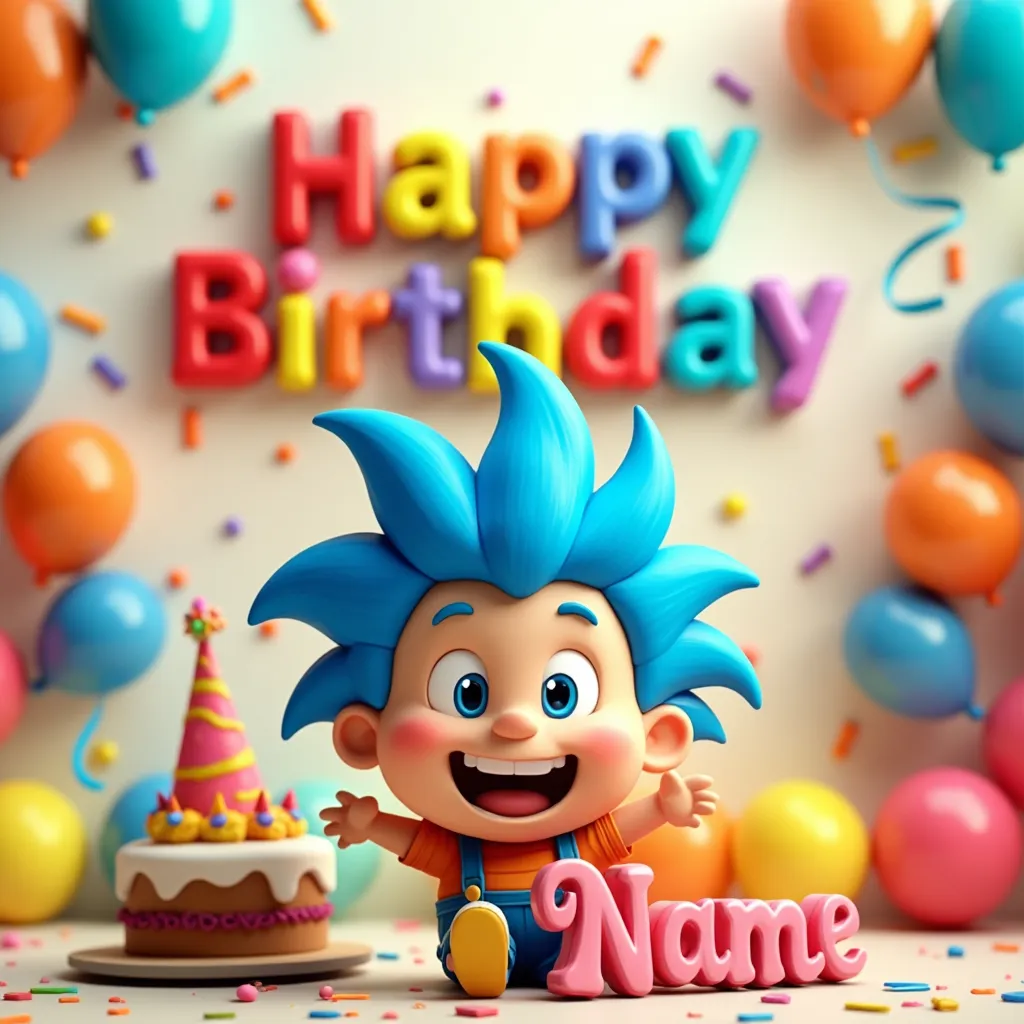 Birthday name art example: A cheerful party background with balloons, streamers, birthday cake, Happy Birthday lettering, and custom name in glossy cursive