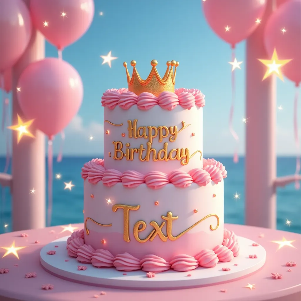 Birthday name art example: A magical birthday cake with balloons, stars, Happy Birthday text, and custom name displayed in cursive script