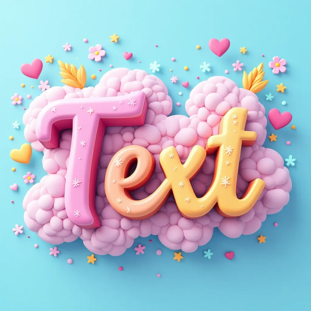 Birthday name art example: A playful cursive custom name with a fluffy colorful cloud, hearts, sparkles, flowers, and stars for a birthday invitation feel