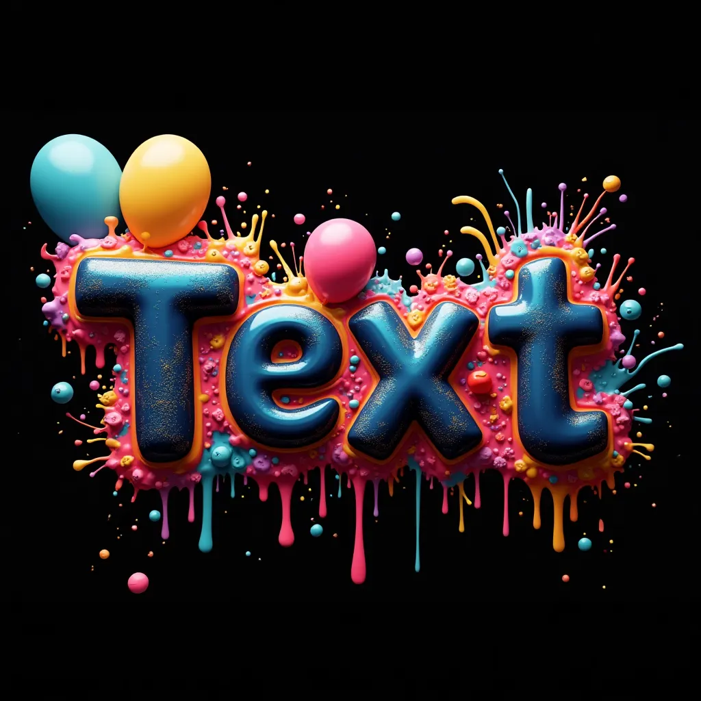 Birthday name art example: A bright 3D name design with balloons, dripping letters, splashes, and colorful party energy