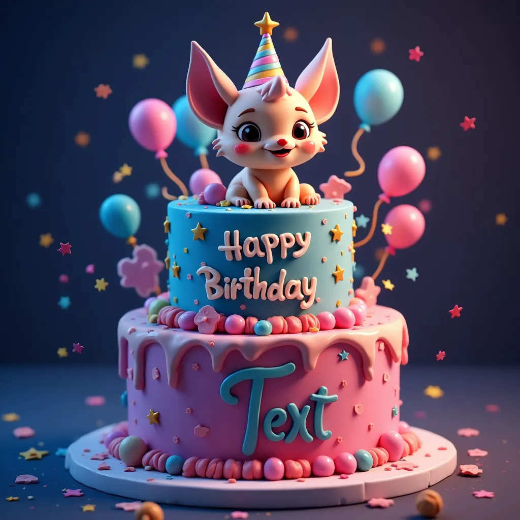 Birthday name art example: A colorful birthday cake with playful character, balloons, stars, Happy Birthday text, and custom name on the cake